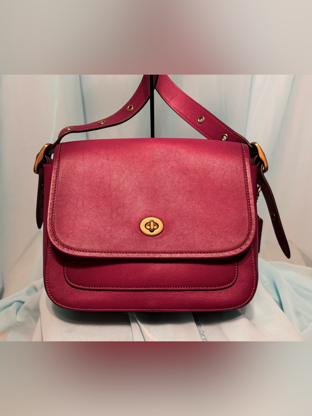 Coach Fuchsia Hibiscus Leather Crossbody 89127 with Gold-Tone Hardware Pink - Picture 9 of 15